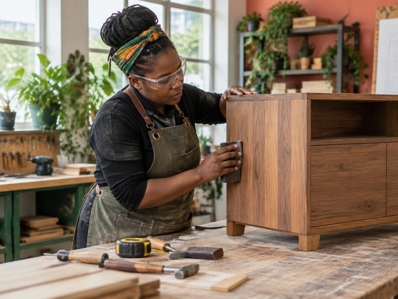 A skilled artisan carefully finishing a wooden cabinet